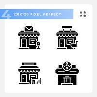 2D pixel perfect glyph style icons set representing various architecture, silhouette illustration. vector