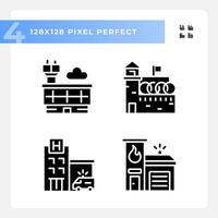 2D pixel perfect glyph style icons set representing various buildings, silhouette illustration. vector