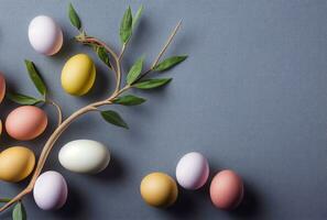 Easter eggs and tree branch on blue background. Generative AI photo