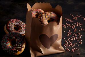 Set of dark chocolate donuts in paper bag on black background. Generative AI photo