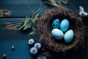 Easter colored eggs in nest on blue wooden table background. Generative AI photo