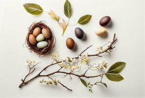 Easter eggs in nest, on white table, tree branch, flowers and leaves, holiday background. Generative AI photo