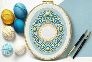 Embroidered embroidery frame in blue gold color, Easter eggs, handmade background. Generative AI photo