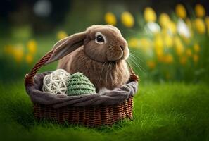 Easter background rabbit and knitted eggs in basket on green lawn with grass. Generative AI photo