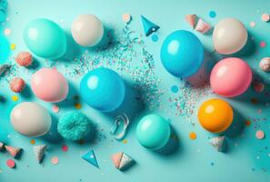 Colorful balloons and dejat confetti on blue table, birthday background. Generative AI photo