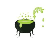 A Halloween magic cauldron with a green potion and a boiling magical drink that spills out. Vector illustration isolated on white background.