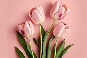 Bouquet of pink tulips. Spring floral background, top view. Generative AI photo