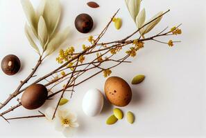 Spring tree branches and colored eggs on white background, easter card. Generative AI photo