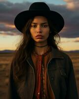 a woman in a hat and jacket standing in the desert generative ai photo