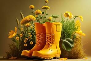 Yellow rain boots in gardens and wildflowers. Spring or summer floral background. Generative AI photo