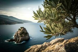 Olive tree on high hill above sea, mediterranean landscape. Generative AI photo