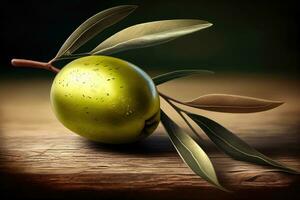 Fresh olive and leaf close-up on rustic wooden table. Generative AI photo