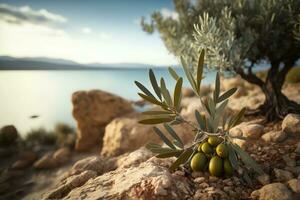 Branch of olive tree with fruits on rock, against backdrop of sea. Generative AI photo