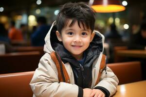 a young boy sitting at a table in a restaurant generative ai photo