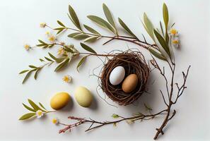 Eggs in nest and and tree twig on white background. Happy easter. Generative AI photo