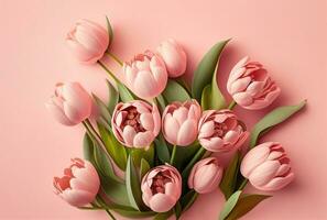 Pink tulips top view, spring holiday background. Generative AI photo