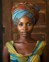 an african woman wearing a colorful head wrap generative ai photo