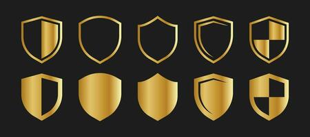 Gold Shield Vector Icons For Security Guard, Protection Icon, Privacy, Defense And Military Design Elements, Safety Gold Shield Vector Illustration With Glossy And Shiny Realistic