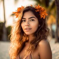 retrato de un atractivo joven mujer en tropical playa generativo ai foto