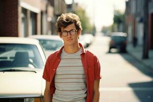 a young man with glasses standing in front of a car generative ai photo