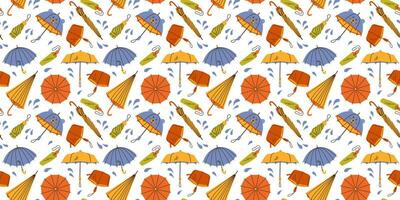 Seamless pattern with hand drawn bright different umbrellas and rain drops on white background in flat cartoon style. For background, packaging, textile vector
