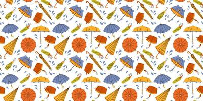 Seamless pattern with hand drawn bright different umbrellas and rain drops on white background in flat cartoon style. For background, packaging, textile vector