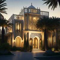 Realistic Arab style villa with realistic professional faade lighting is the subject Generative AI photo