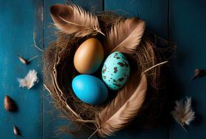 Happy easter background colored eggs and feathers in nest on wooden table. Generative AI photo