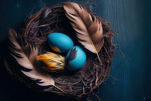 Easter blue eggs and brown gold feathers in nest on wooden table background, top view. Generative AI photo