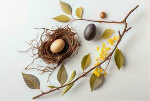 Eggs, nest, tree twig, flowers and leaves. Minimalistic Easter light background on white table. Generative AI photo