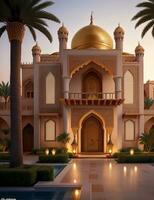 Realistic Arab style villa with realistic professional faade lighting is the subject Generative AI photo