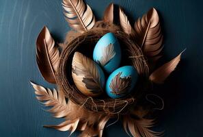 Colored eggs and feathers in nest over wooden dark blue table background. Happy easter greeting card. Generative AI photo