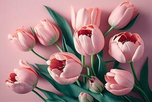 Pink tulips in pastel coral background. Fresh spring flowers holidays card. Generative AI photo