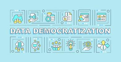 Data democratization text concept with various icons on blue monochromatic background, 2D vector illustration.