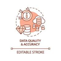 Editable data quality and accuracy concept red thin line icon, isolated vector representing data democratization.