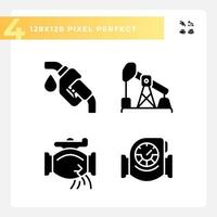 Fuel transportation black glyph icons set on white space. Supply chain. Dangerous goods. International trade. Oil pipeline. Silhouette symbols. Solid pictogram pack. Vector isolated illustration