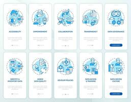 2D icons representing data democratization mobile app screen set. Walkthrough 5 steps blue graphic instructions with thin line icons concept, UI, UX, GUI template. vector