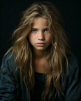 a young girl with long wavy hair on a black background generative ai photo