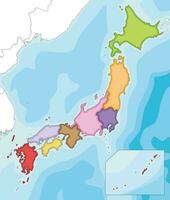 Vector illustrated blank map of Japan with regions and administrative divisions, and neighbouring countries. Editable and clearly labeled layers.