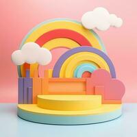 3d representación podio niño estilo, vistoso fondo, nubes y clima con vacío espacio para niños o bebé producto. brillante colores. foto