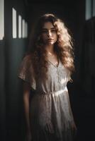 natural portrait of a European young girl in simple rustic clothes standing by the window, natural photo, soft light, art photo