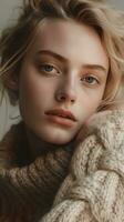 natural portrait of a European blonde woman , close-up, natural studio photo, warm filter, ai generative art photo