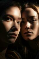 two sisters , close-up, natural soft lighting, ai generated art photo