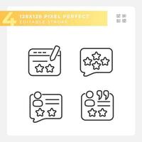 Leave comments with feedbacks pixel perfect linear icons set. Write review on service online. Customizable thin line symbols. Isolated vector outline illustrations. Editable stroke