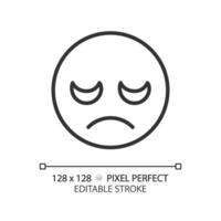 Disappointed emoji pixel perfect linear icon. Displeased customer feedback. Negative reaction on product. Thin line illustration. Contour symbol. Vector outline drawing. Editable stroke