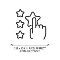 Assess pixel perfect linear icon. User leaving feedback about service. Experience sharing online. Product quality. Thin line illustration. Contour symbol. Vector outline drawing. Editable stroke