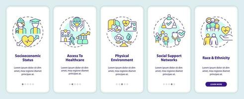 social determinantes de salud inducción móvil aplicación pantalla. recorrido 5 5 pasos editable gráfico instrucciones con lineal conceptos. ui, ux, gui modelo vector