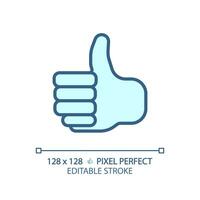 Thumb up pixel perfect RGB color icon. Showing positive attitude with gesture. Like for service rating. Satisfied client. Isolated vector illustration. Simple filled line drawing. Editable stroke