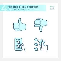 Rating of customer service pixel perfect RGB color icons set. Online reaction on products. Feedback on internet. Isolated vector illustrations. Simple filled line drawings collection. Editable stroke