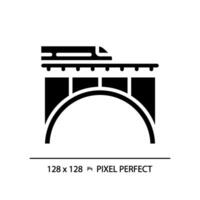 Railway bridge pixel perfect black glyph icon. Express train. Rail track. Urban infrastructure. Fast transport. Silhouette symbol on white space. Solid pictogram. Vector isolated illustration